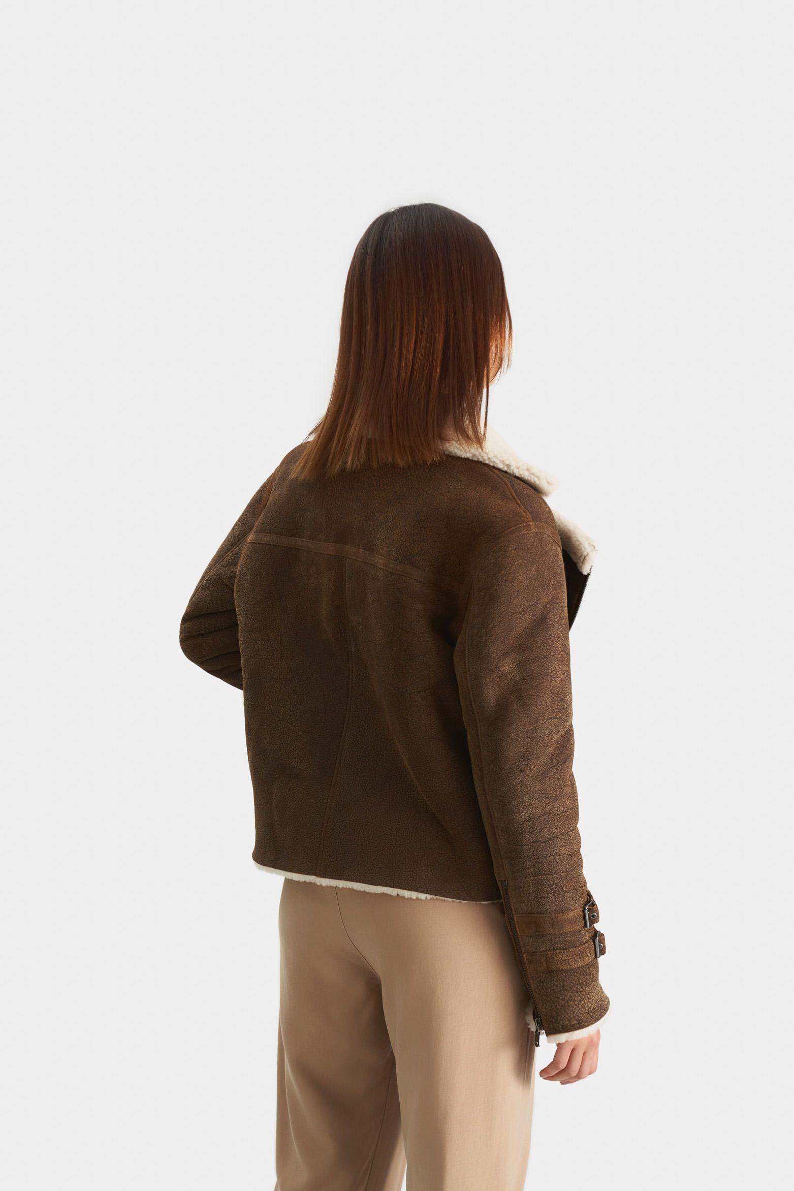 Chaqueta aviator de cuero ovino y lana para mujer acabado nobuck Cafe-4