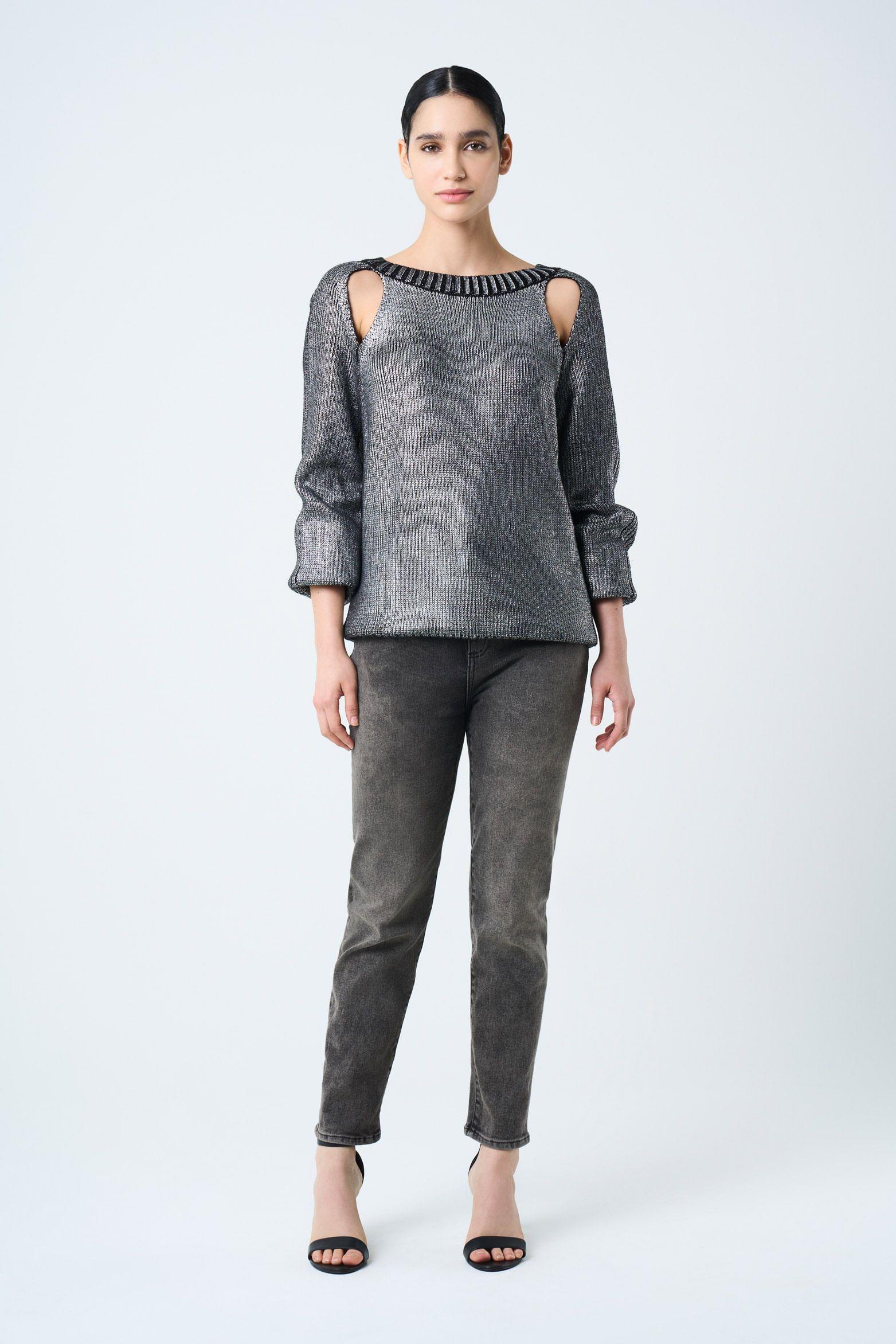 Jean grey silueta mom fit de algodón para mujer detalles cuero gris-0