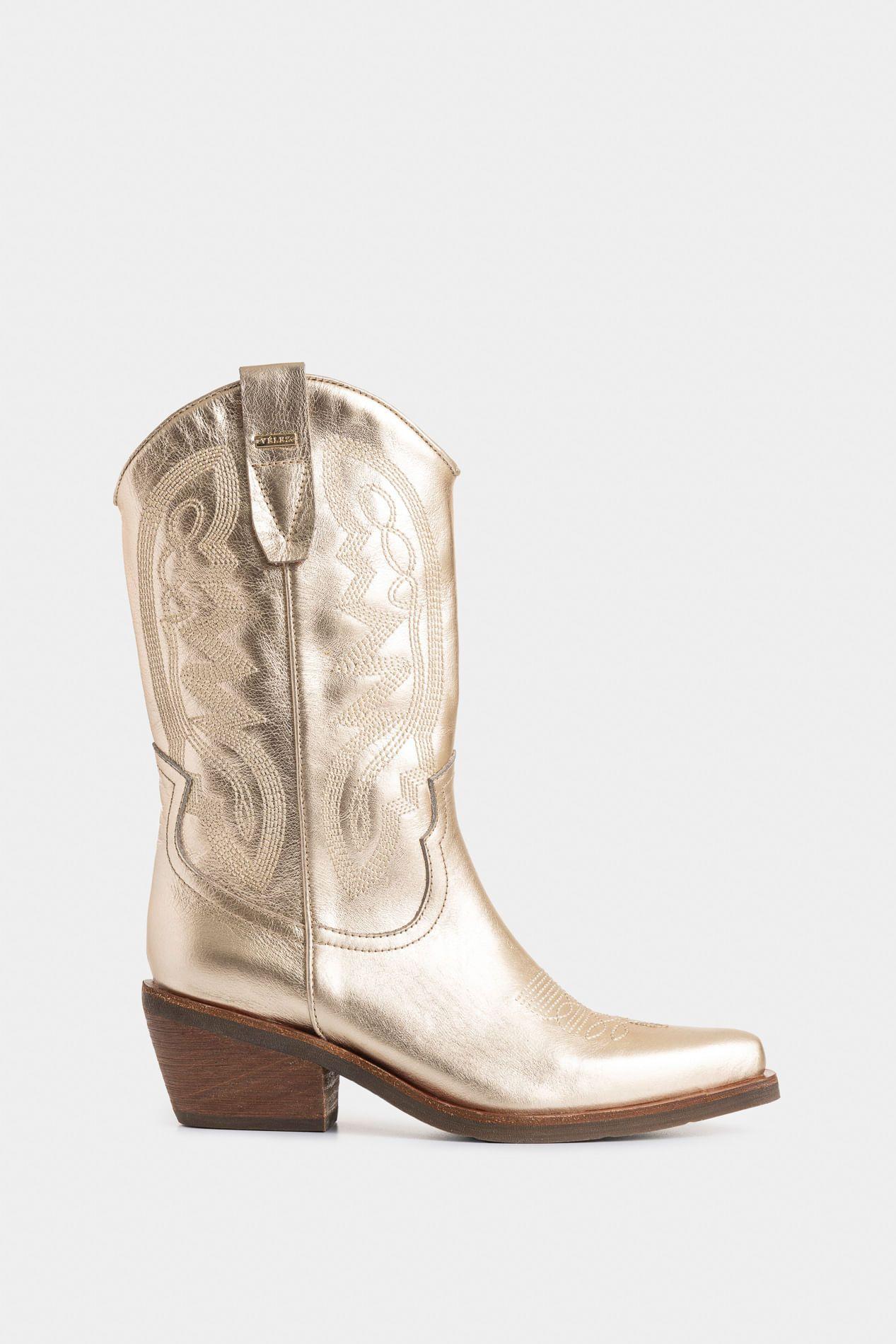 Vélez Botas Texanas Glam De Cuero Folia Mujer Bordada Dorado-0