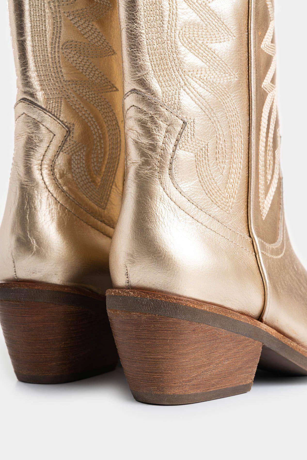 Vélez Botas Texanas Glam De Cuero Folia Mujer Bordada Dorado-4