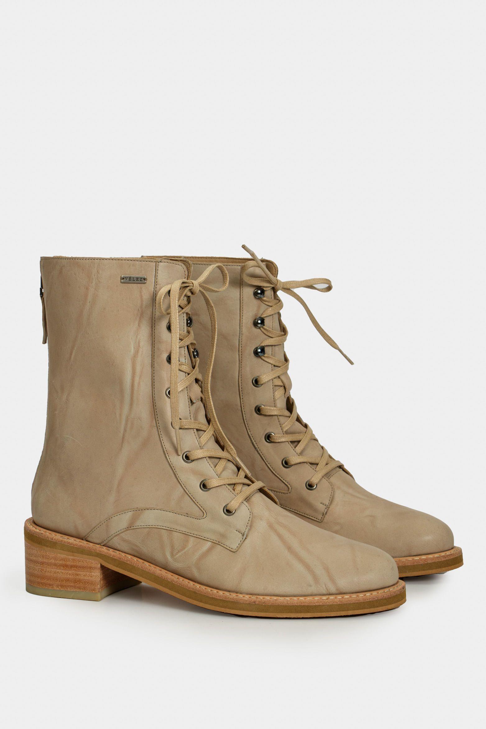 Vélez Botines Lirio De Cuero  Mujer Tipo Militar Beige-1