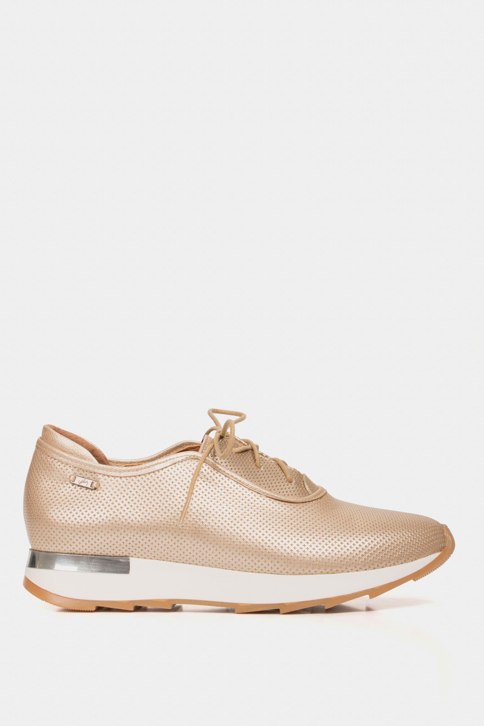 Zapatos cordón de cuero para mujer suela deportiva dorado-0