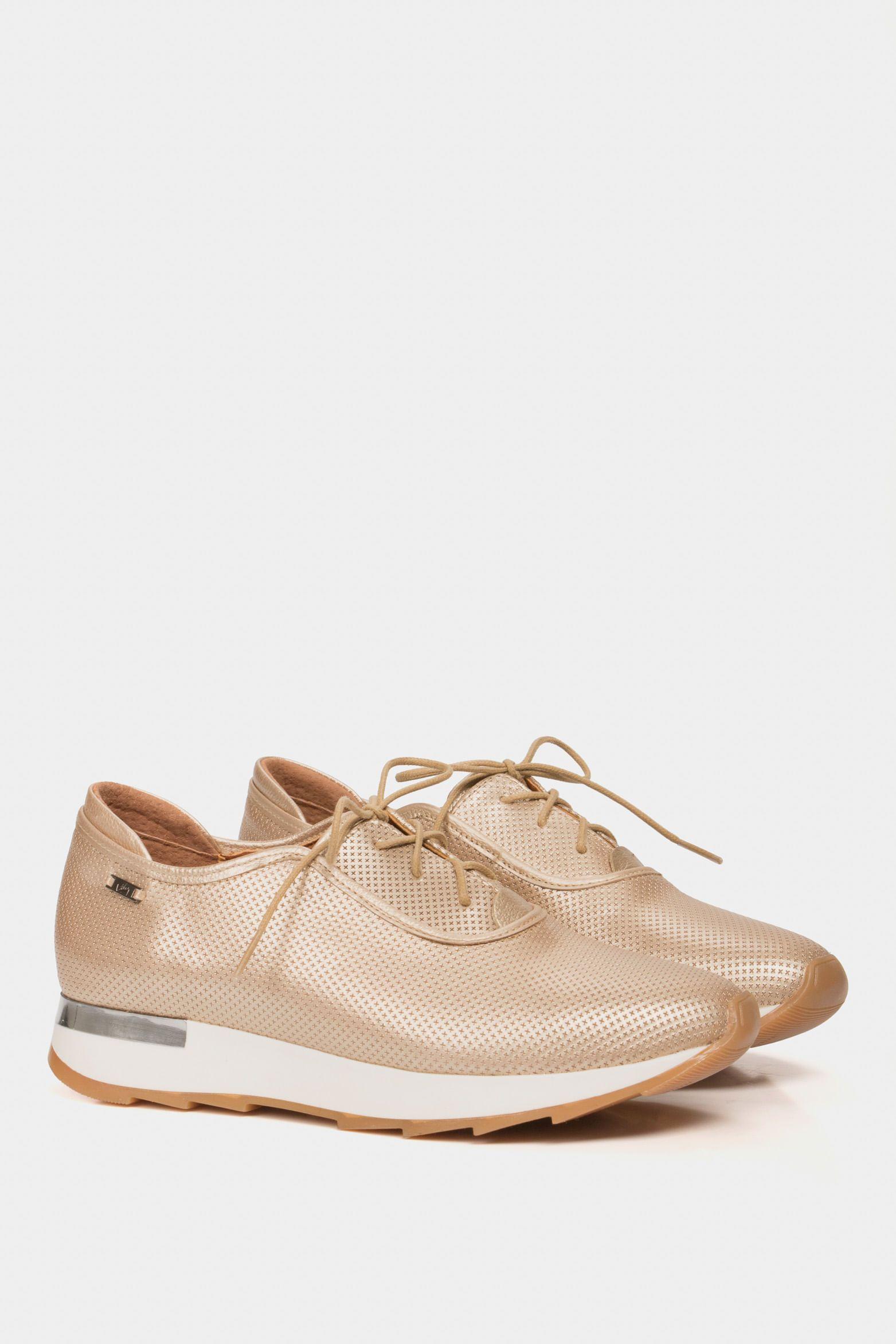 Zapatos cordón de cuero para mujer suela deportiva dorado-1