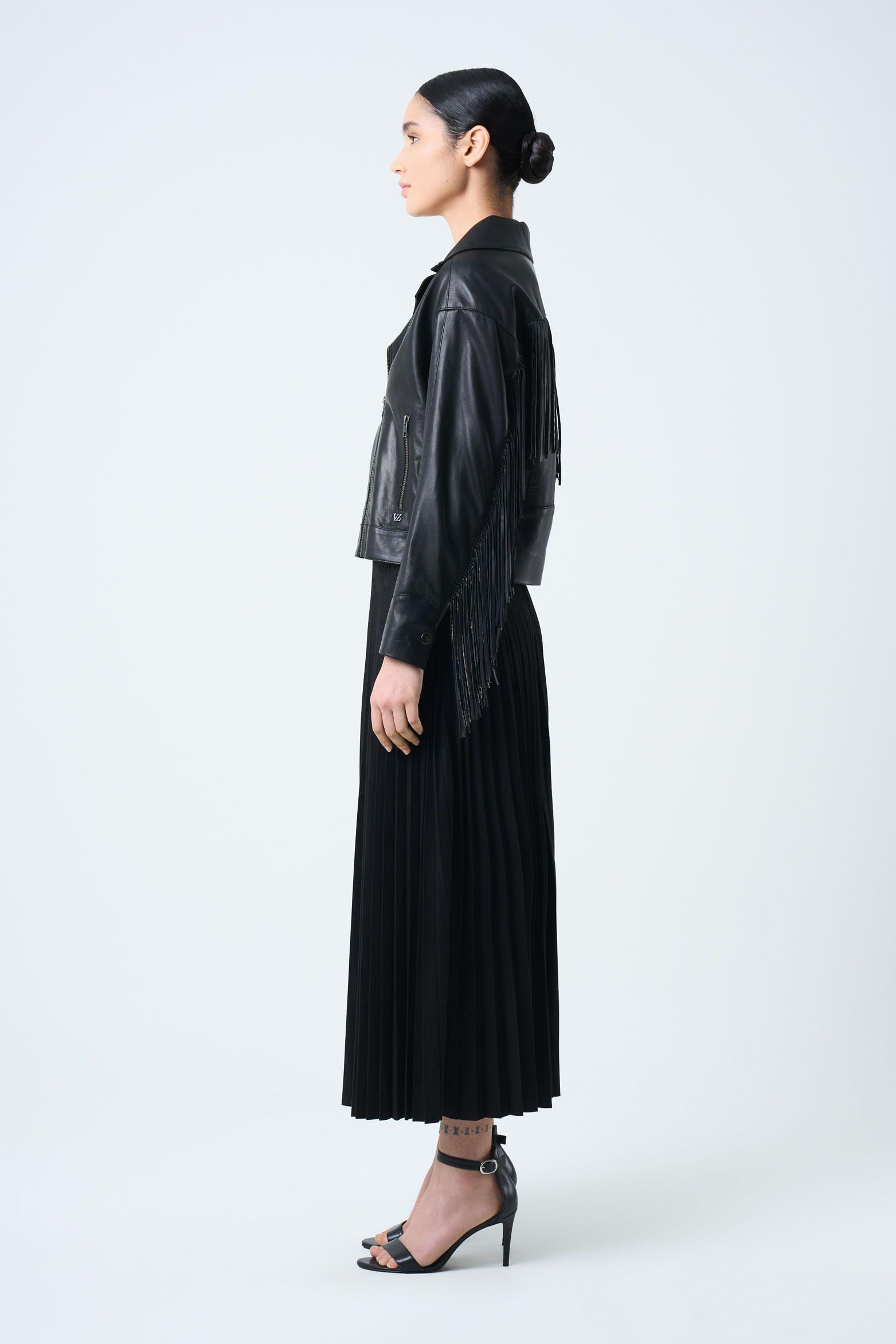 Vélez Chaqueta Lyra De Cuero Para Mujer Biker Flecos Negro-1