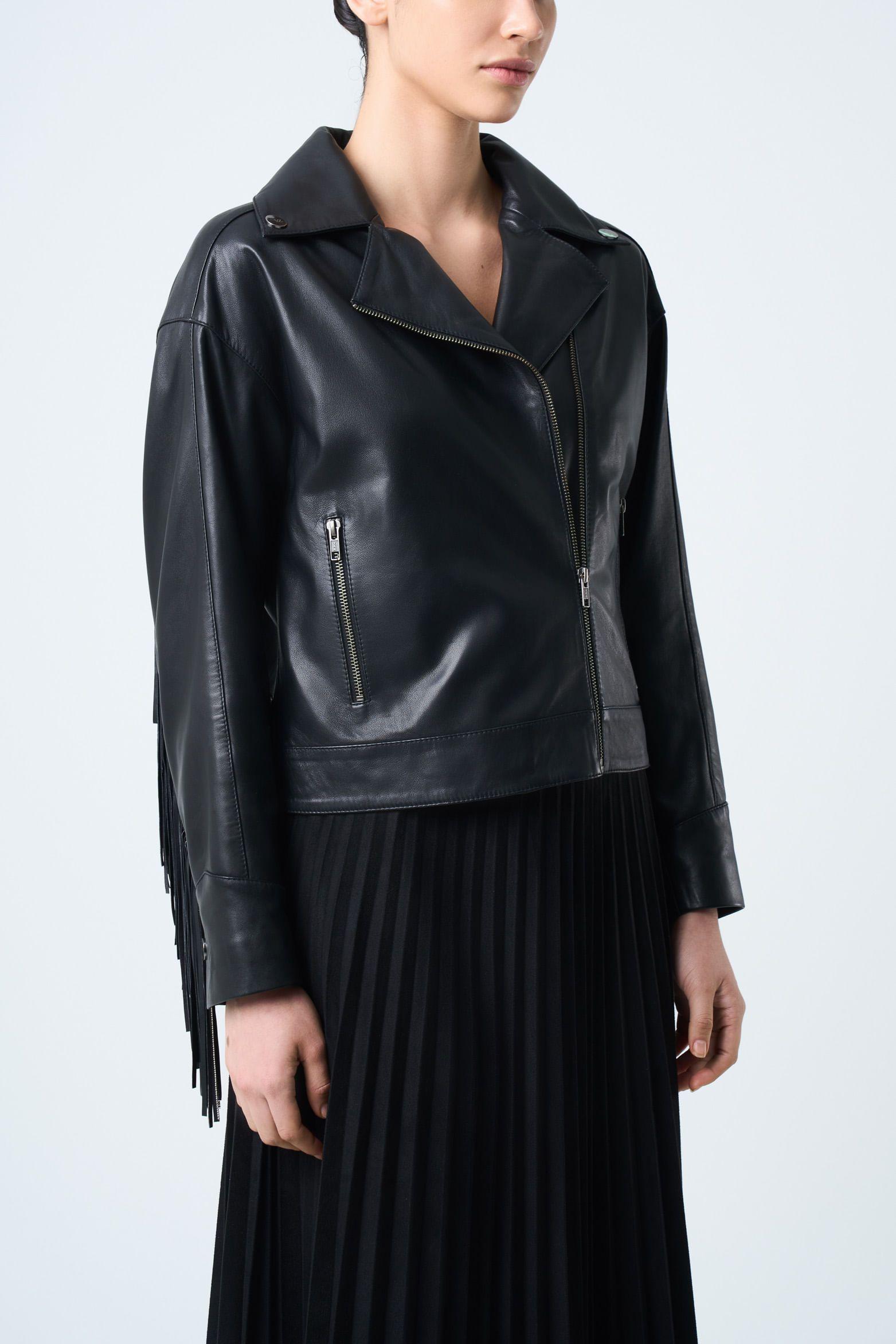 Vélez Chaqueta Lyra De Cuero Para Mujer Biker Flecos Negro-4