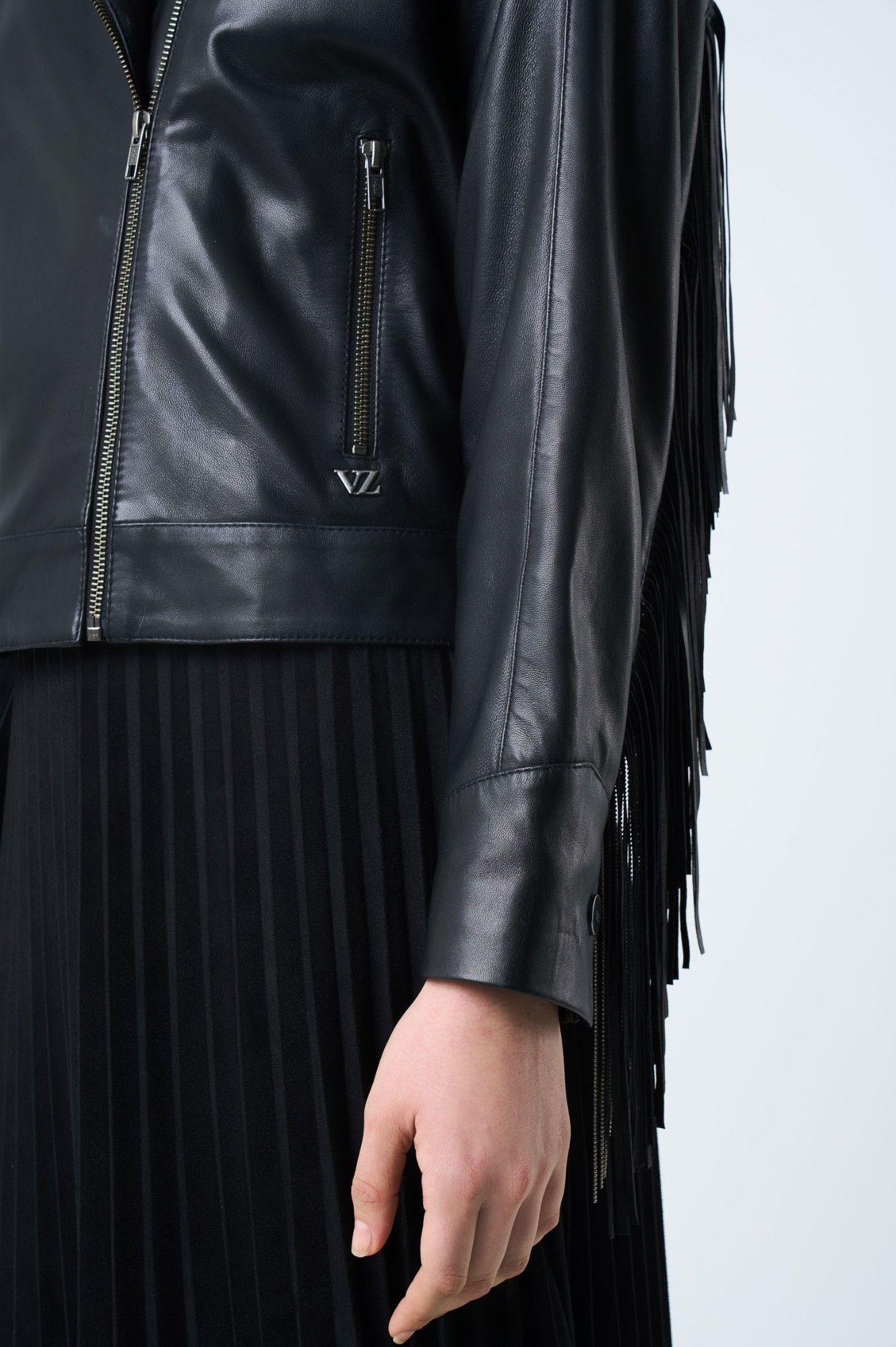 Vélez Chaqueta Lyra De Cuero Para Mujer Biker Flecos Negro-6