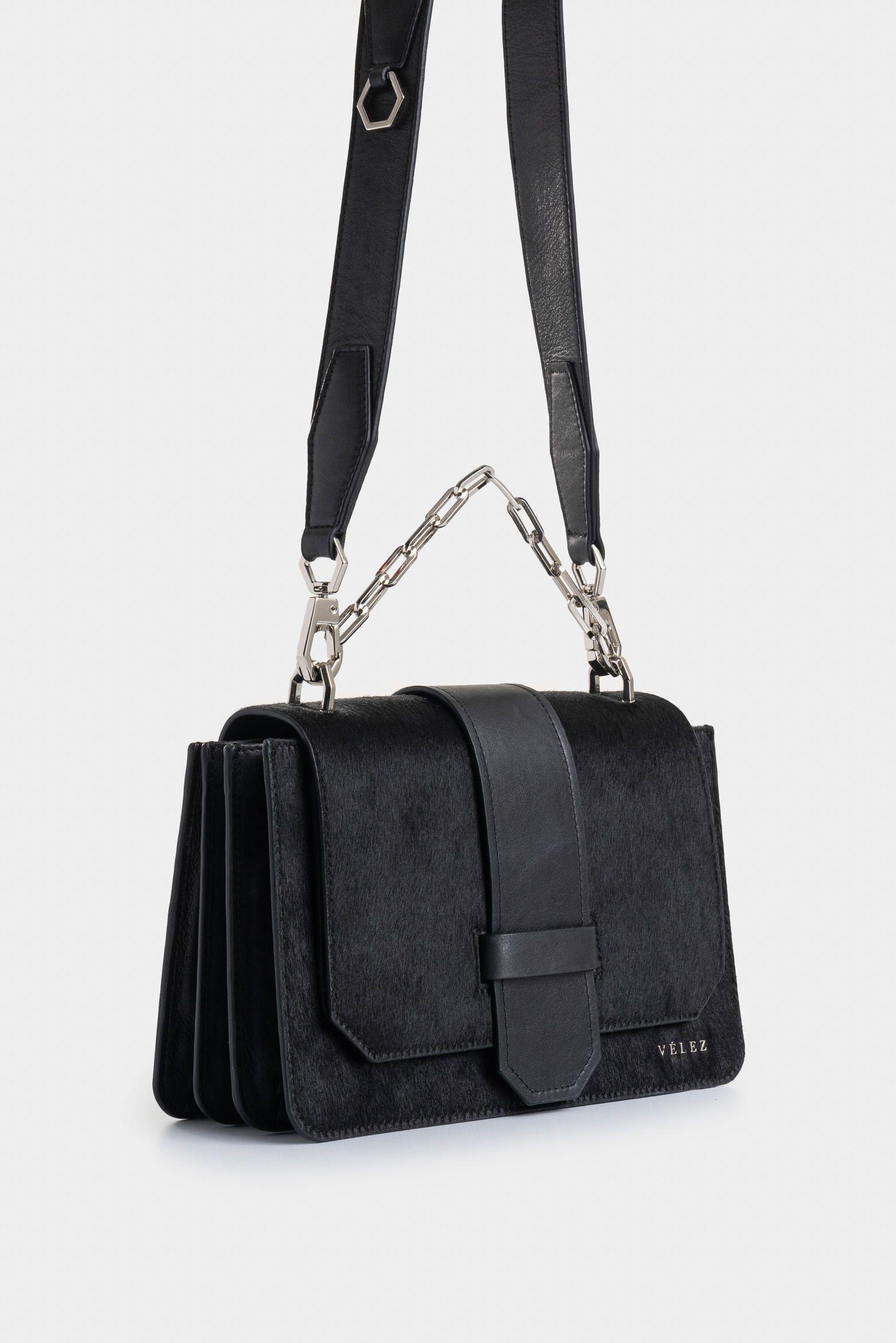 Bowling Garniel maxi de cuero pelo para mujer con cadena negro-0