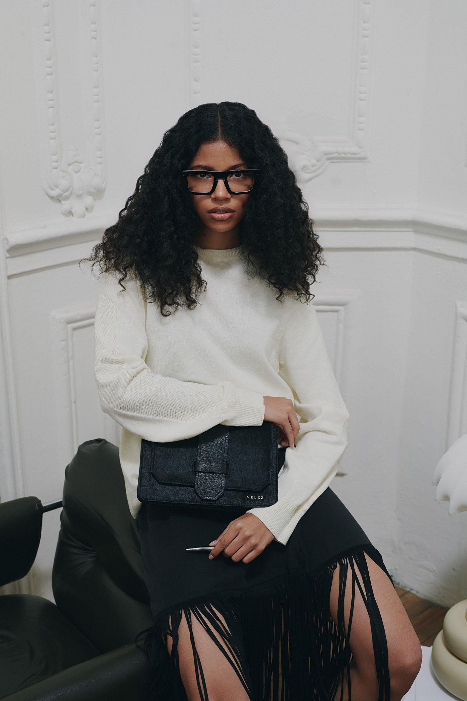 Bowling Garniel maxi de cuero pelo para mujer con cadena negro-5