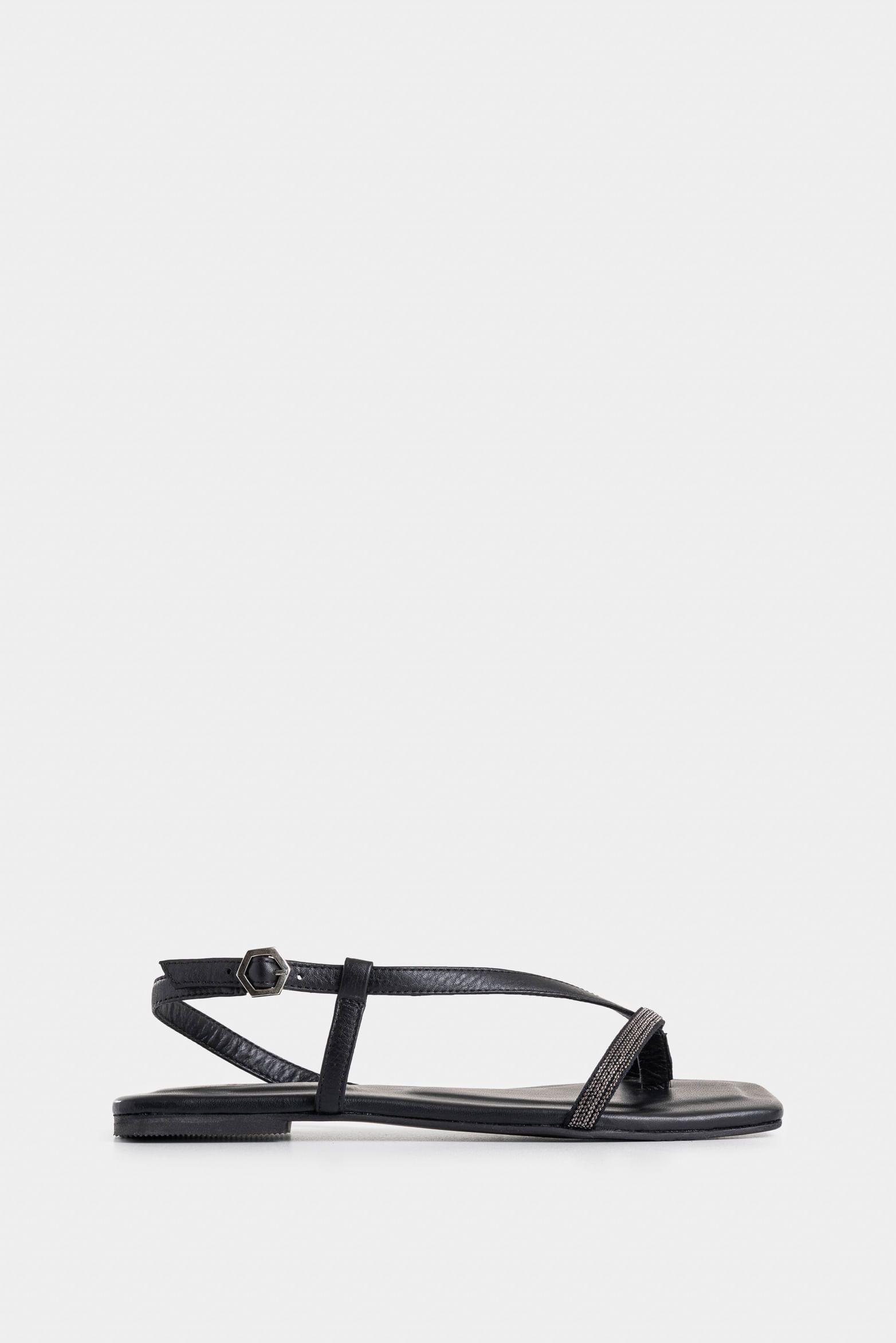 Sandalia plana Sirio de cuero para mujer detalle millaré negro-0