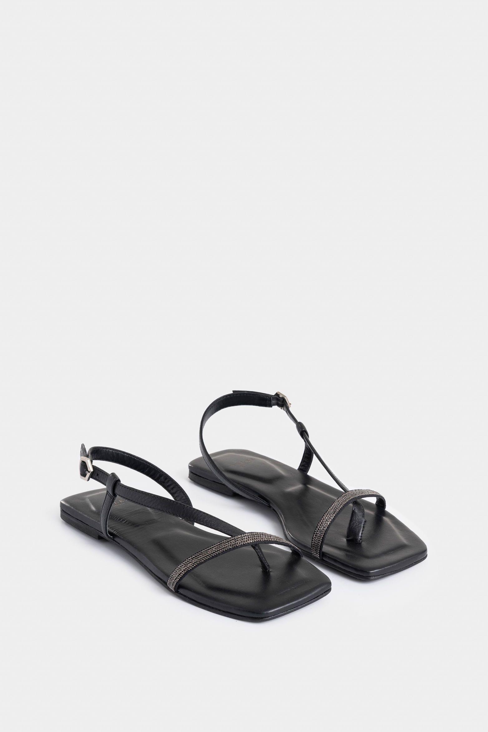 Sandalia plana Sirio de cuero para mujer detalle millaré negro-1