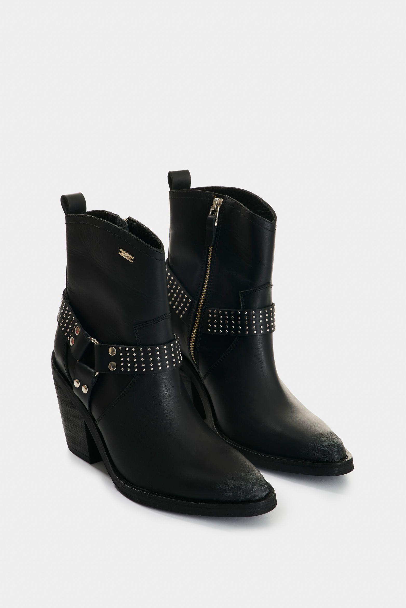 Vélez Botas De Cuero Acabado Rústico Para Mujer Elias Negro-1