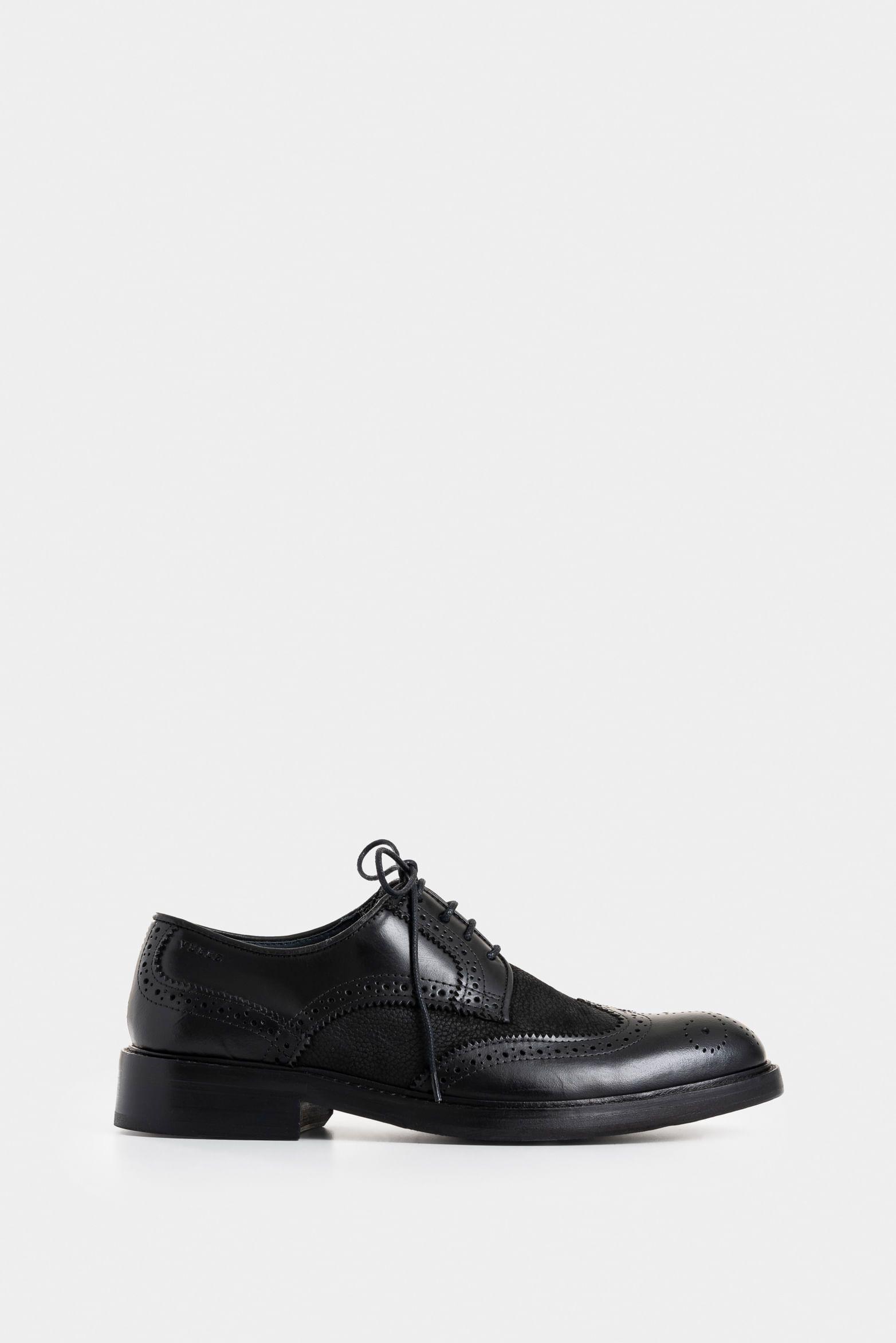 Zapatos cordón solar de cuero para hombre combinación de texturas negro-0