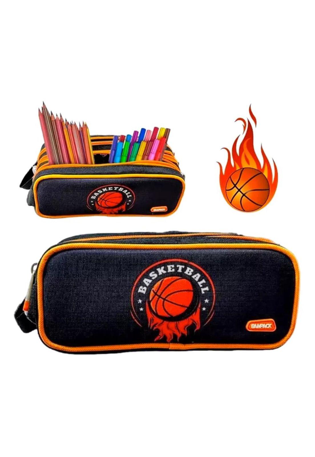 Estuche escolar Grande 3 Cierres Basquet Negro con naranjo PB-B2-1