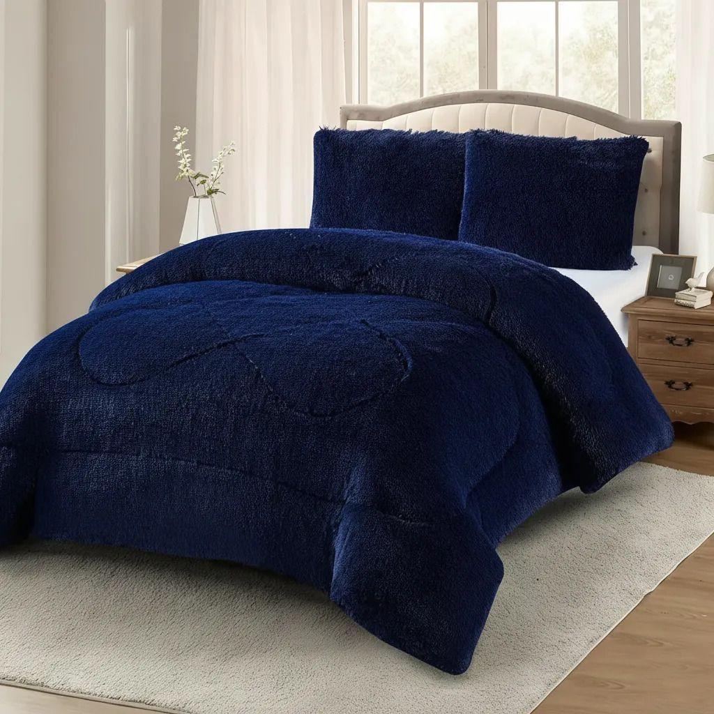 Plumon De Invierno Peludos Con Chiporro 2 Plazas Azul Oscuro Peludo-2