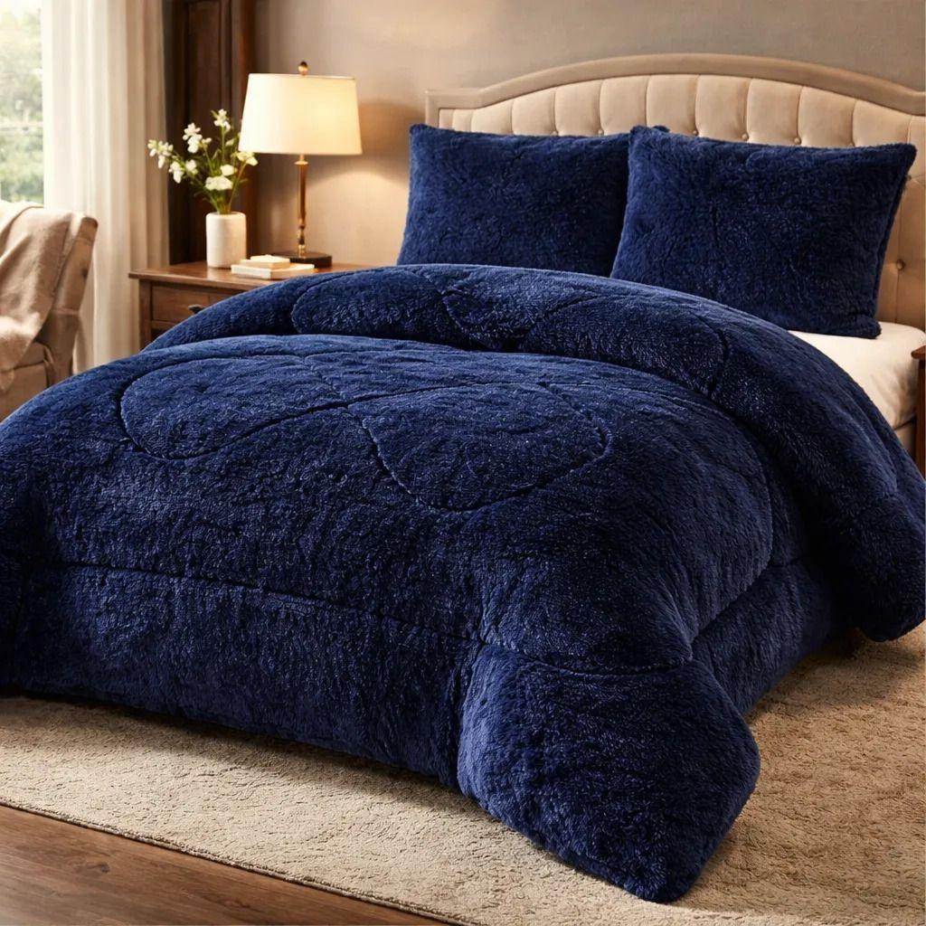Plumon De Invierno Peludos Con Chiporro 2 Plazas Azul Oscuro Peludo-3