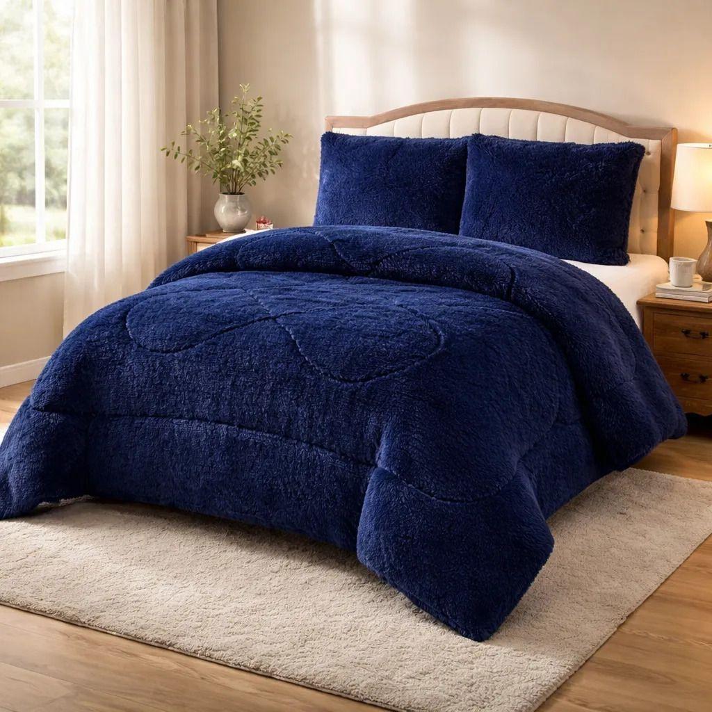 Plumon De Invierno Peludos Con Chiporro 2 Plazas Azul Oscuro Peludo-4