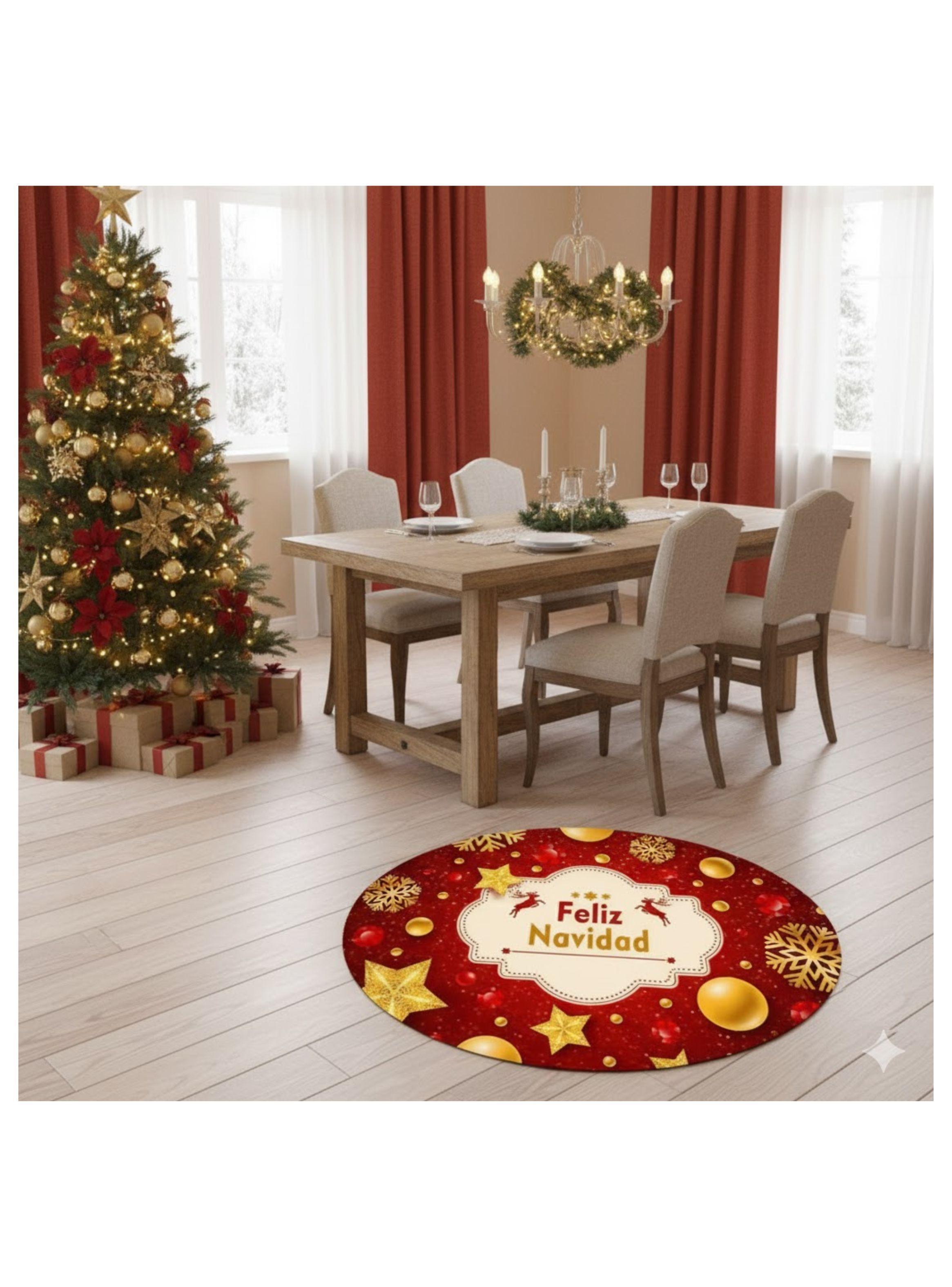 ALFOMBRA REDONDA NAVIDEÑA 90 CM ESTRELLAS FELIZ NAVIDAD GBEA -2