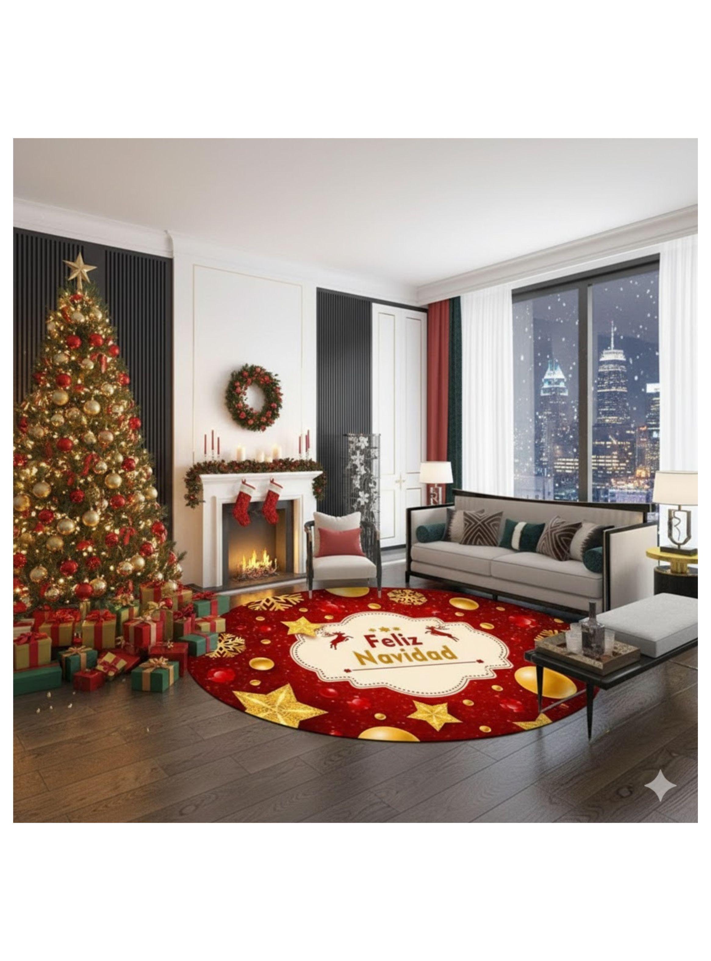 ALFOMBRA REDONDA NAVIDEÑA 90 CM ESTRELLAS FELIZ NAVIDAD GBEA -3