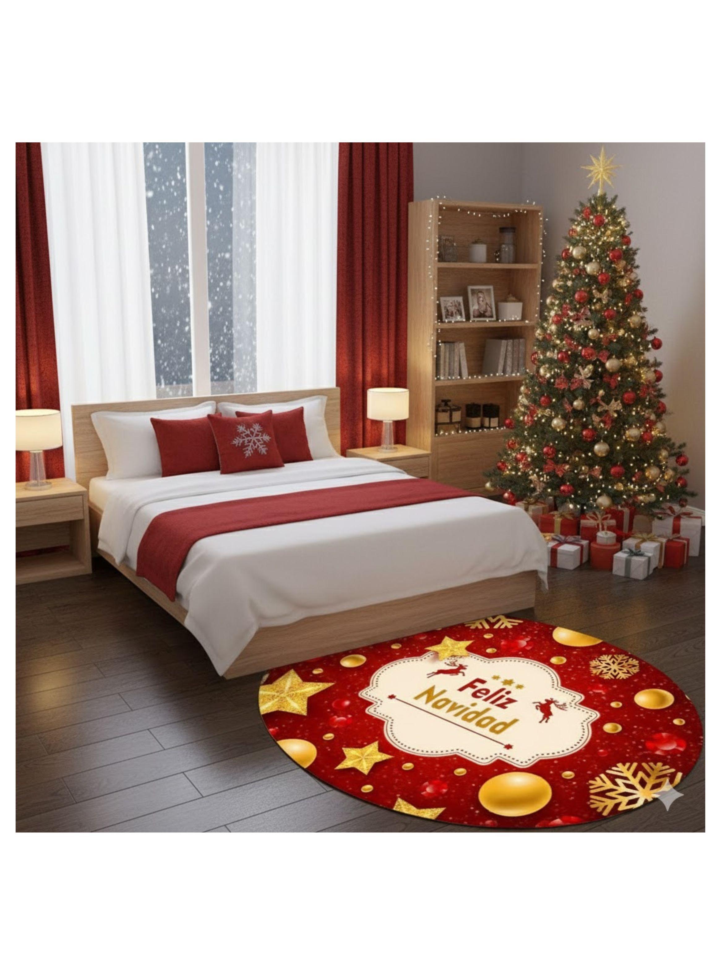 ALFOMBRA REDONDA NAVIDEÑA 90 CM ESTRELLAS FELIZ NAVIDAD GBEA -4