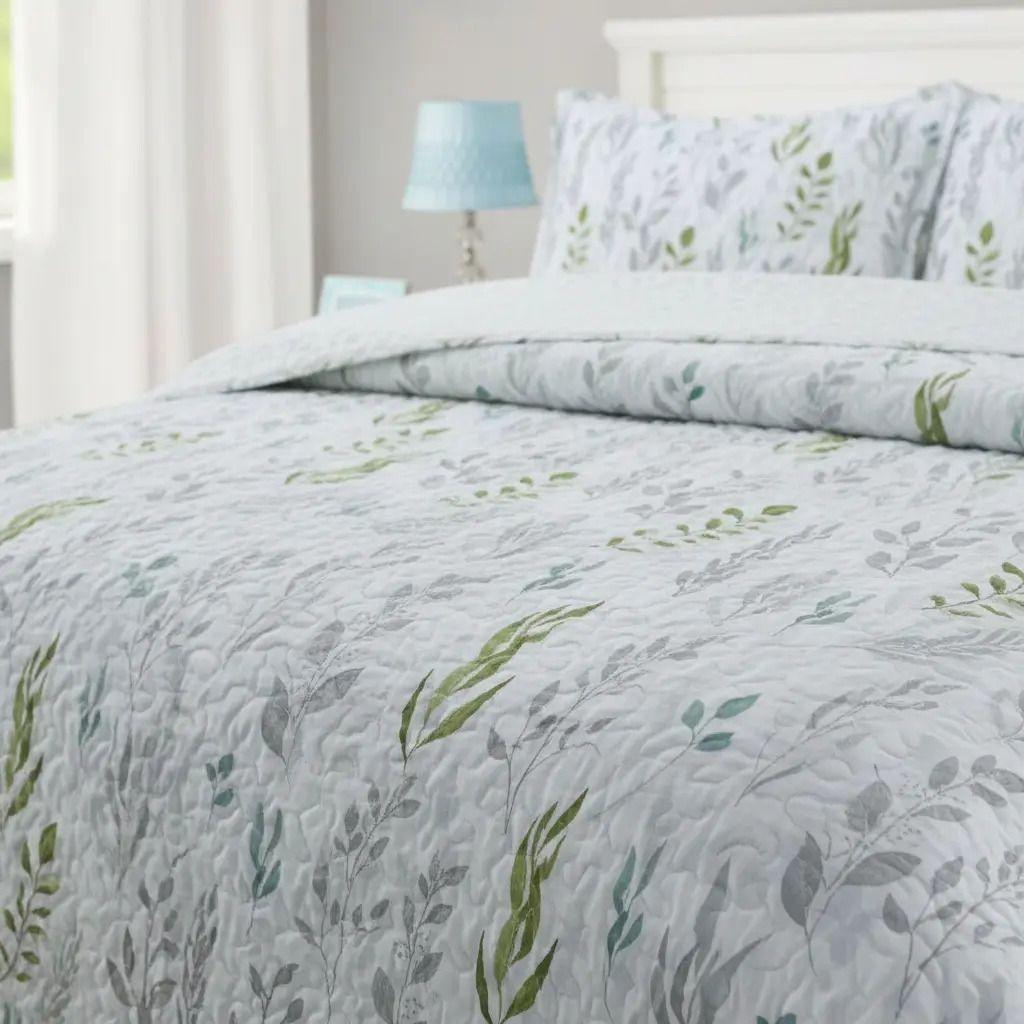 Cubrecama Quilt Sherpa 2pl - Varios Modelos W.m G Verde Gris Y Celeste Suave Hojas Y Ramas-3