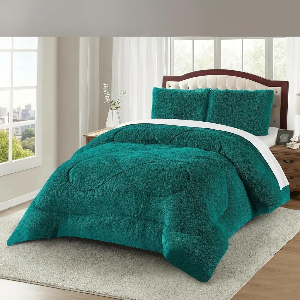 Plumon De Invierno Peludos Con Chiporro 2 Plazas Turquesa Oscuro Peludo-3