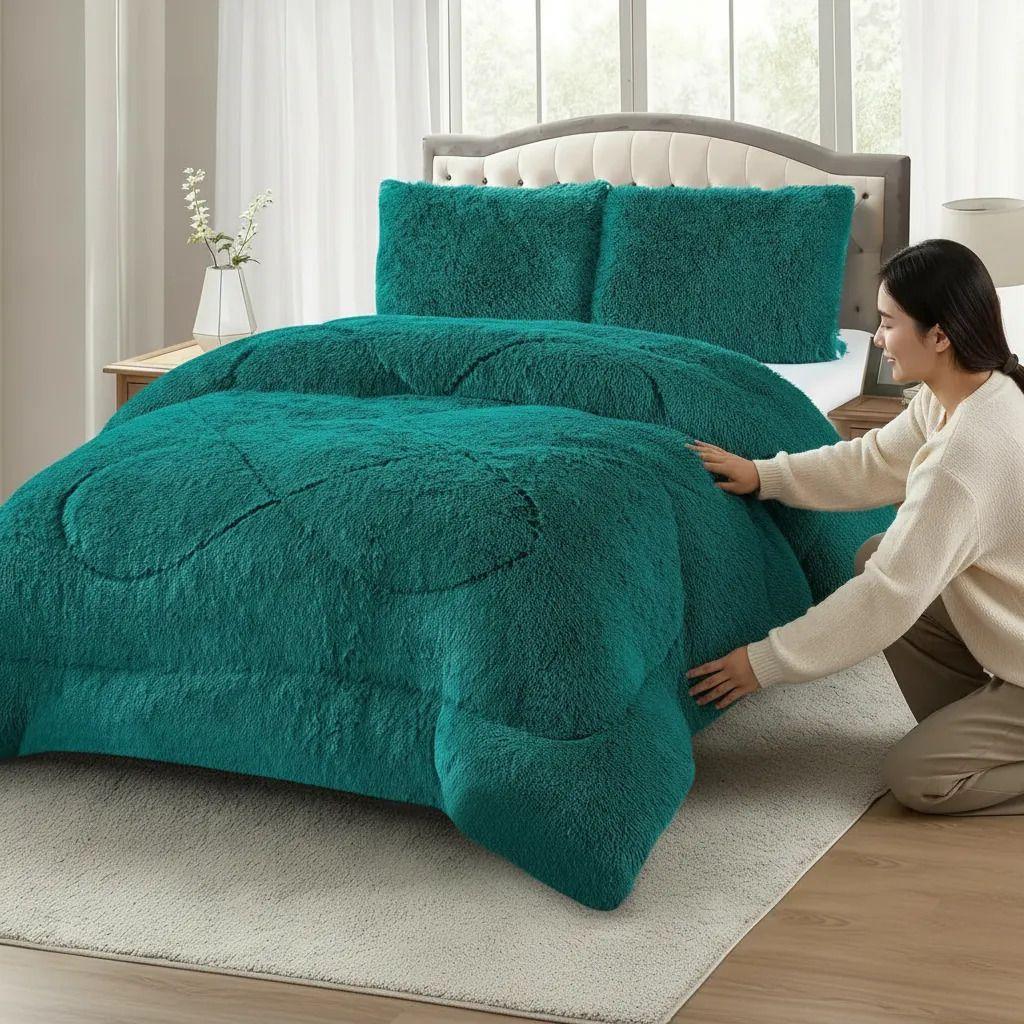 Plumon De Invierno Peludos Con Chiporro 2 Plazas Turquesa Oscuro Peludo-4