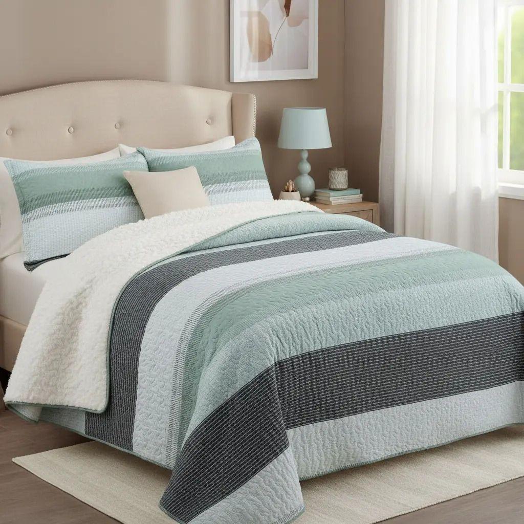 Cubrecama Quilt Sherpa 2pl - Varios Modelos W.m G Verde Menta Gris Y Blanco-3