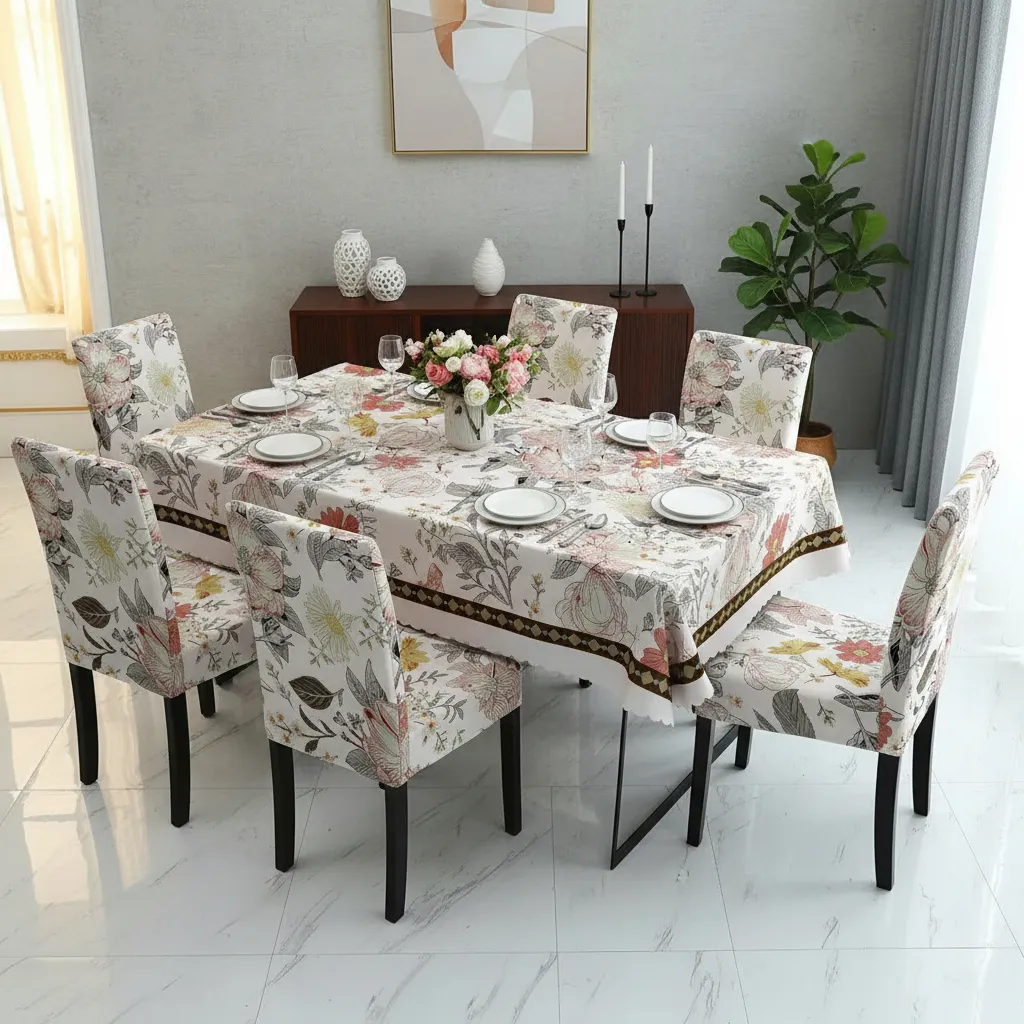 Mantel Rectangular 1.5x2.3 Mas 6 Fundas De Sillas W.m G Z Beige Flores-5