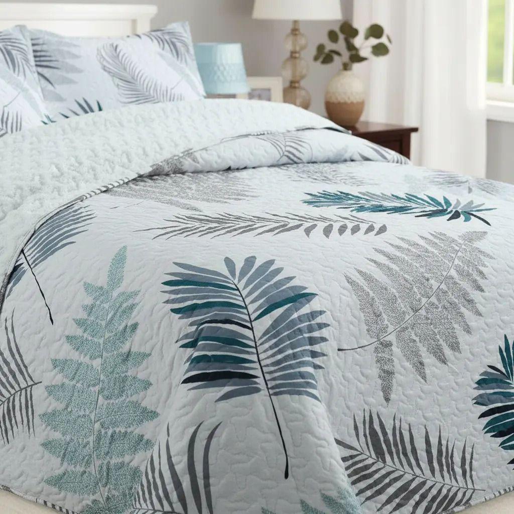 Cubrecama Quilt Sherpa 2pl Verde Gris Y Azul Petróleo Estampado Botánico -2