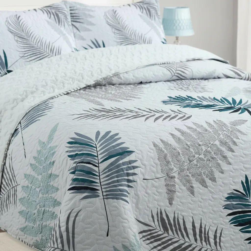 Cubrecama Quilt Sherpa 2pl Verde Gris Y Azul Petróleo Estampado Botánico -3