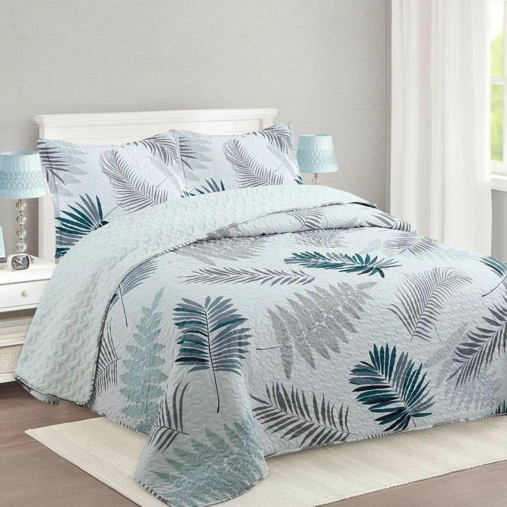 Cubrecama Quilt Sherpa 2pl Verde Gris Y Azul Petróleo Estampado Botánico -4
