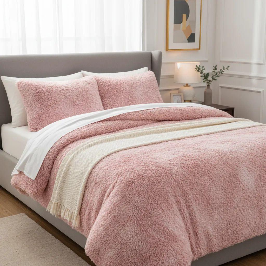 Plumon Pluch Para Colchón 2 Plazas Suave Y Cómoda Rosado Jaspeado Peludo-2