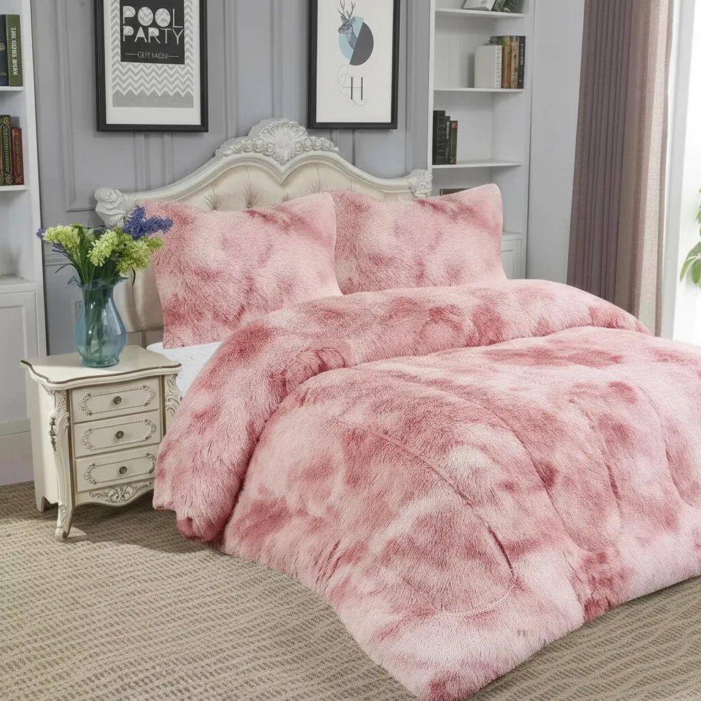 Plumon Pluch Para Colchón 2 Plazas Suave Y Cómoda Rosado Jaspeado Peludo-3