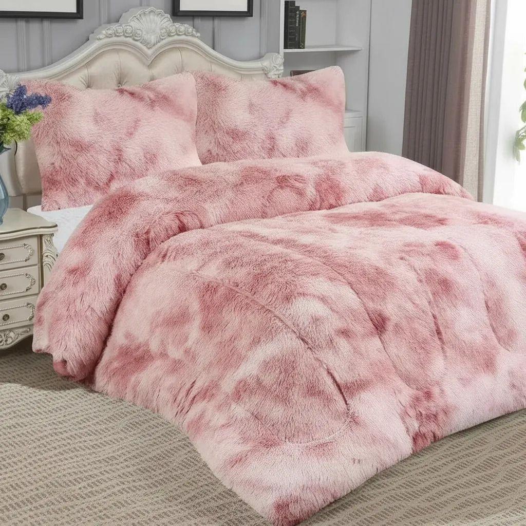 Plumon Pluch Para Colchón 2 Plazas Suave Y Cómoda Rosado Jaspeado Peludo-4