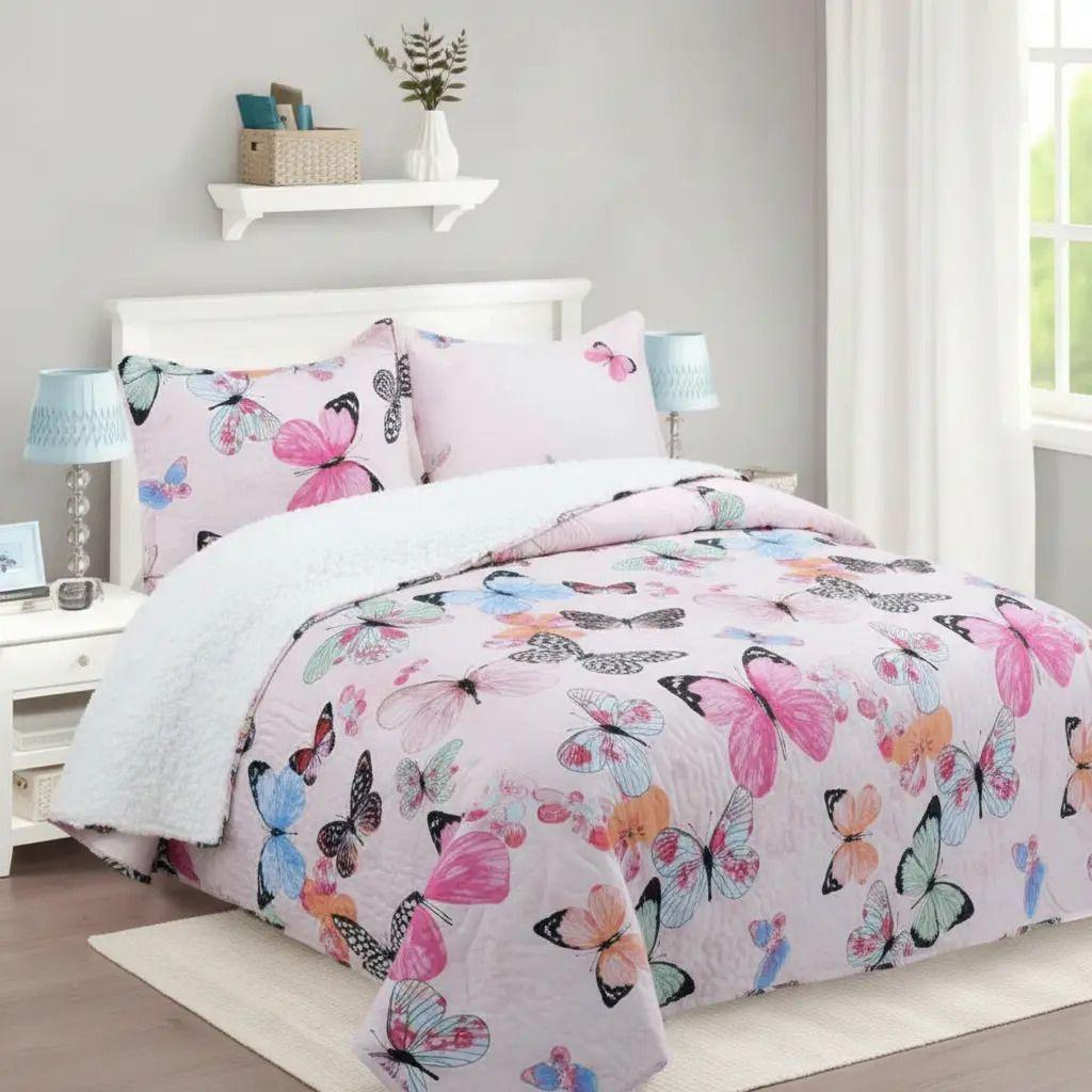 Cubrecama Quilt Sherpa 1.5 - Varios Modelos W.m G Coral Claro Mariposas-1