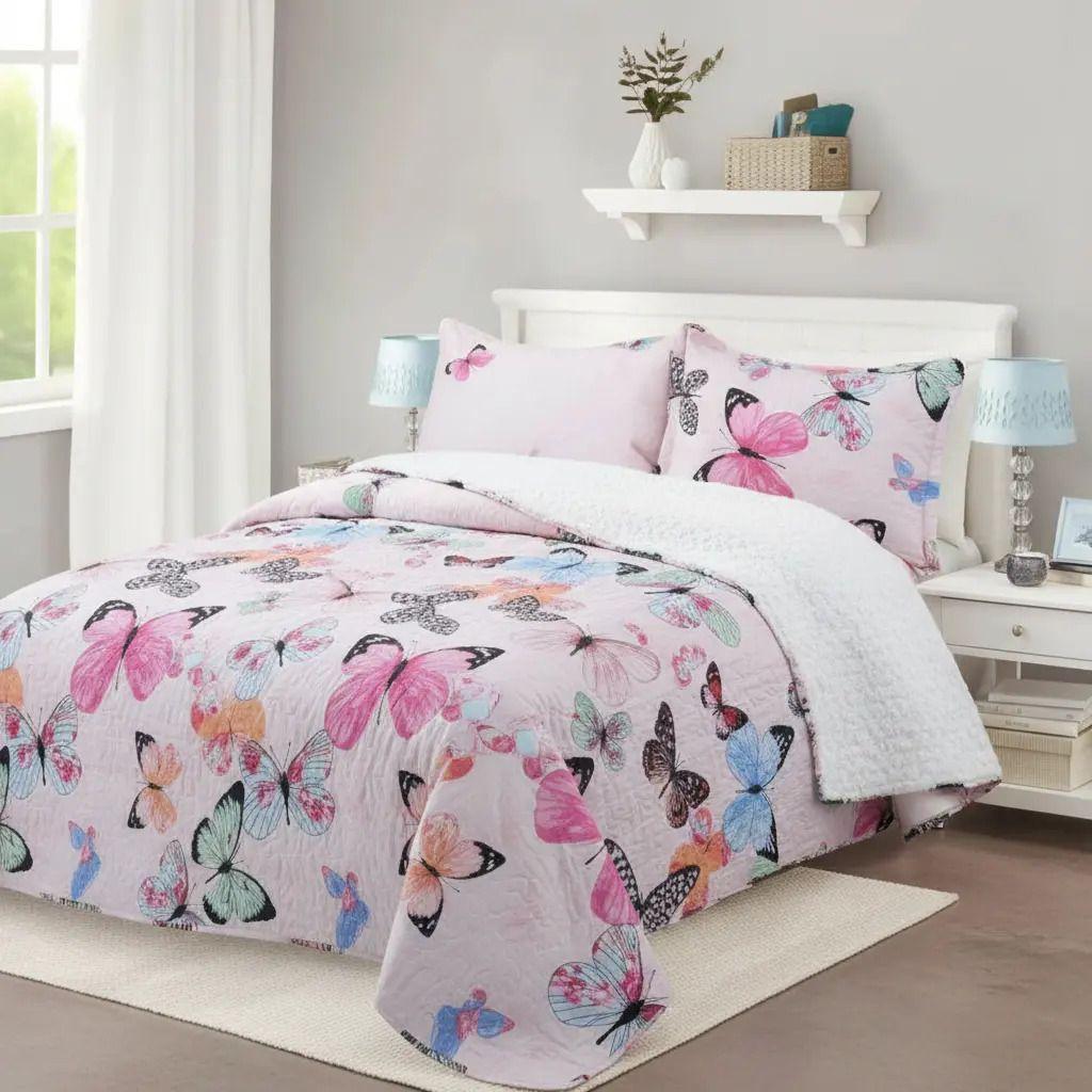 Cubrecama Quilt Sherpa 1.5 - Varios Modelos W.m G Coral Claro Mariposas-2