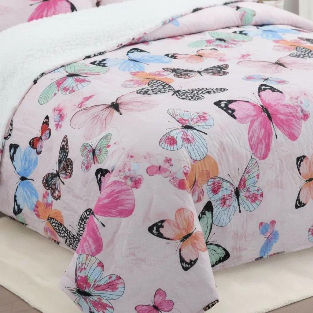 Cubrecama Quilt Sherpa 1.5 - Varios Modelos W.m G Coral Claro Mariposas-3