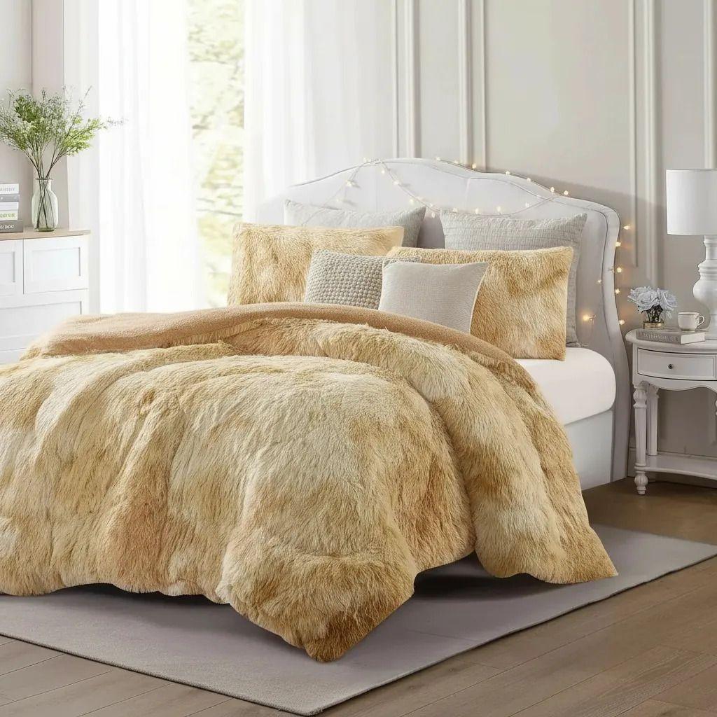 Plumon De Invierno Peludos Con Chiporro 2 Plazas Beige Jaspeado Peludo-2