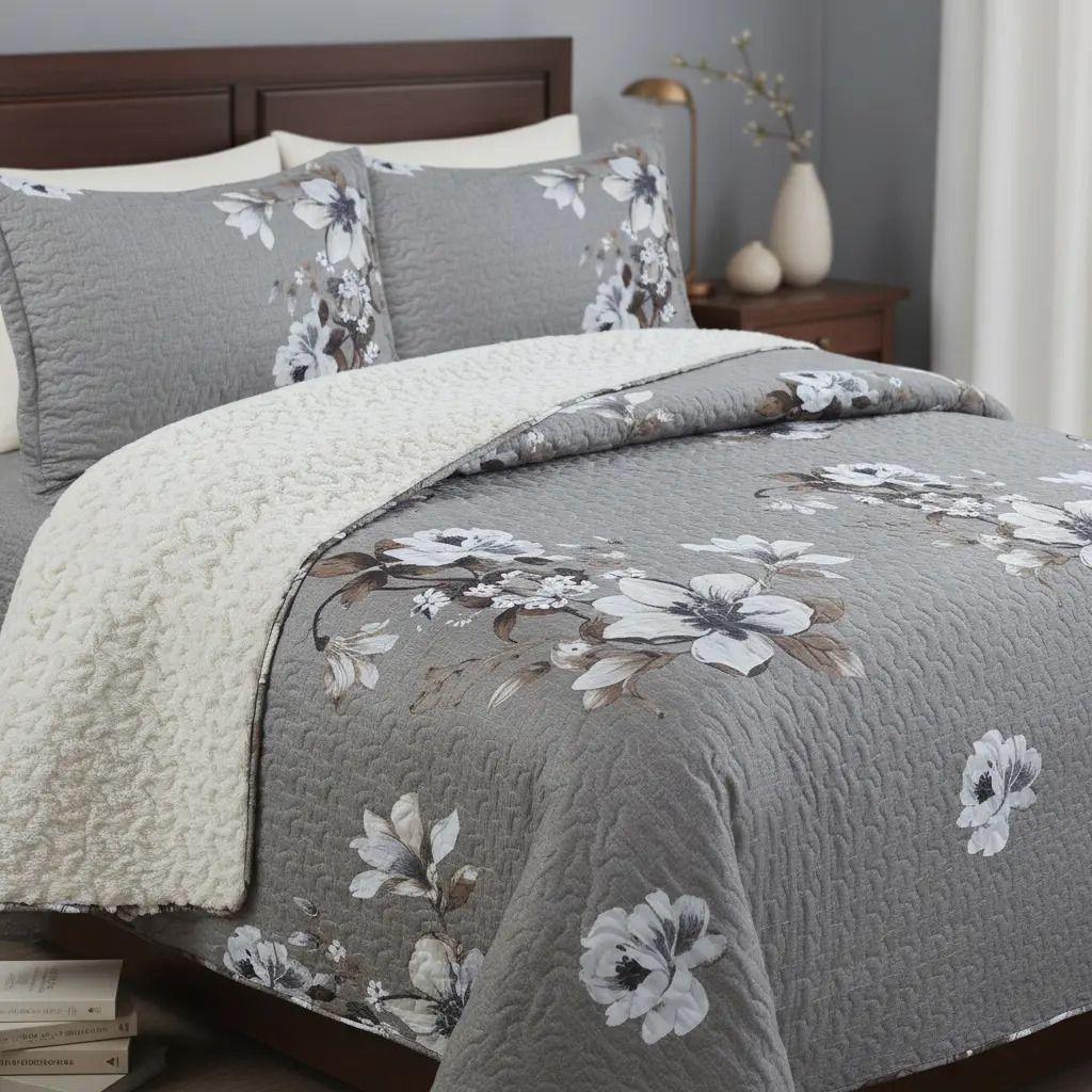 Cubrecama Quilt Sherpa 2pl - Varios Modelos W.m G Blancos Y Beige Estampado Floral-0