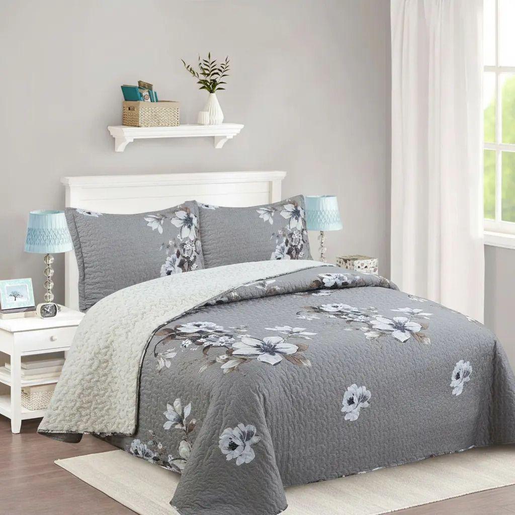 Cubrecama Quilt Sherpa 2pl - Varios Modelos W.m G Blancos Y Beige Estampado Floral-1