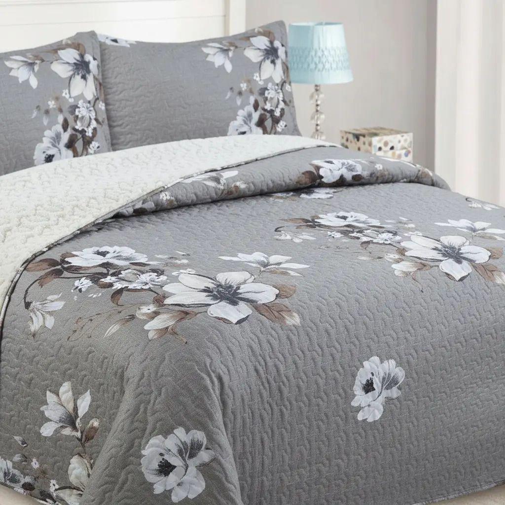 Cubrecama Quilt Sherpa 2pl - Varios Modelos W.m G Blancos Y Beige Estampado Floral-2