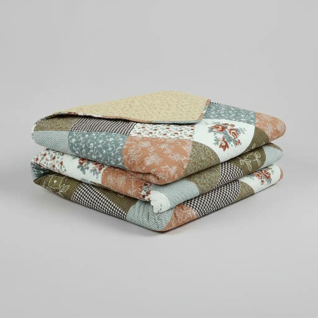 Cubrecama Quilt Sherpa 2pl - Varios Modelos W.m G Tierra Verde Oliva Azul Suave Y Beige Motivos Florales Y Geométricos-2