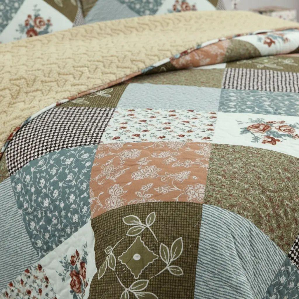 Cubrecama Quilt Sherpa 2pl - Varios Modelos W.m G Tierra Verde Oliva Azul Suave Y Beige Motivos Florales Y Geométricos-3