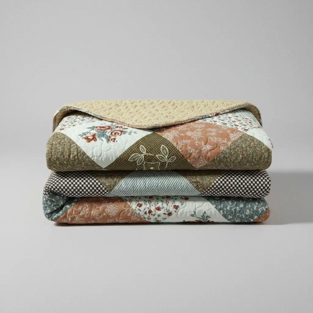Cubrecama Quilt Sherpa 2pl - Varios Modelos W.m G Tierra Verde Oliva Azul Suave Y Beige Motivos Florales Y Geométricos-4