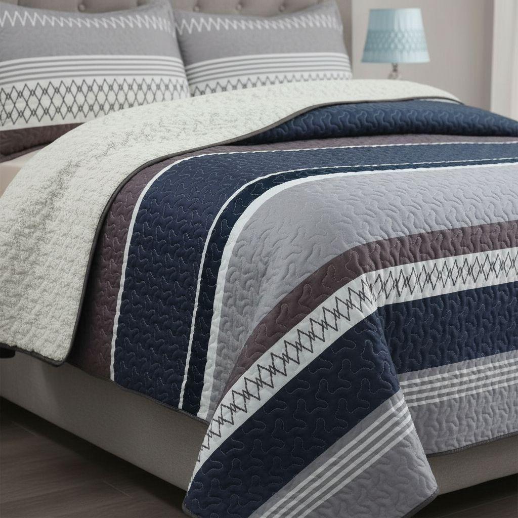 Cubrecama Quilt Sherpa 1.5 - Varios Modelos W.m G Azul Acero Ralla-5