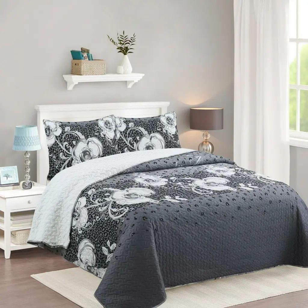 Cubrecama Quilt Sherpa 2pl - Varios Modelos W.m G Floral En Tonos Gris Blanco Diseño Floral Elegante Gris Blanco-1