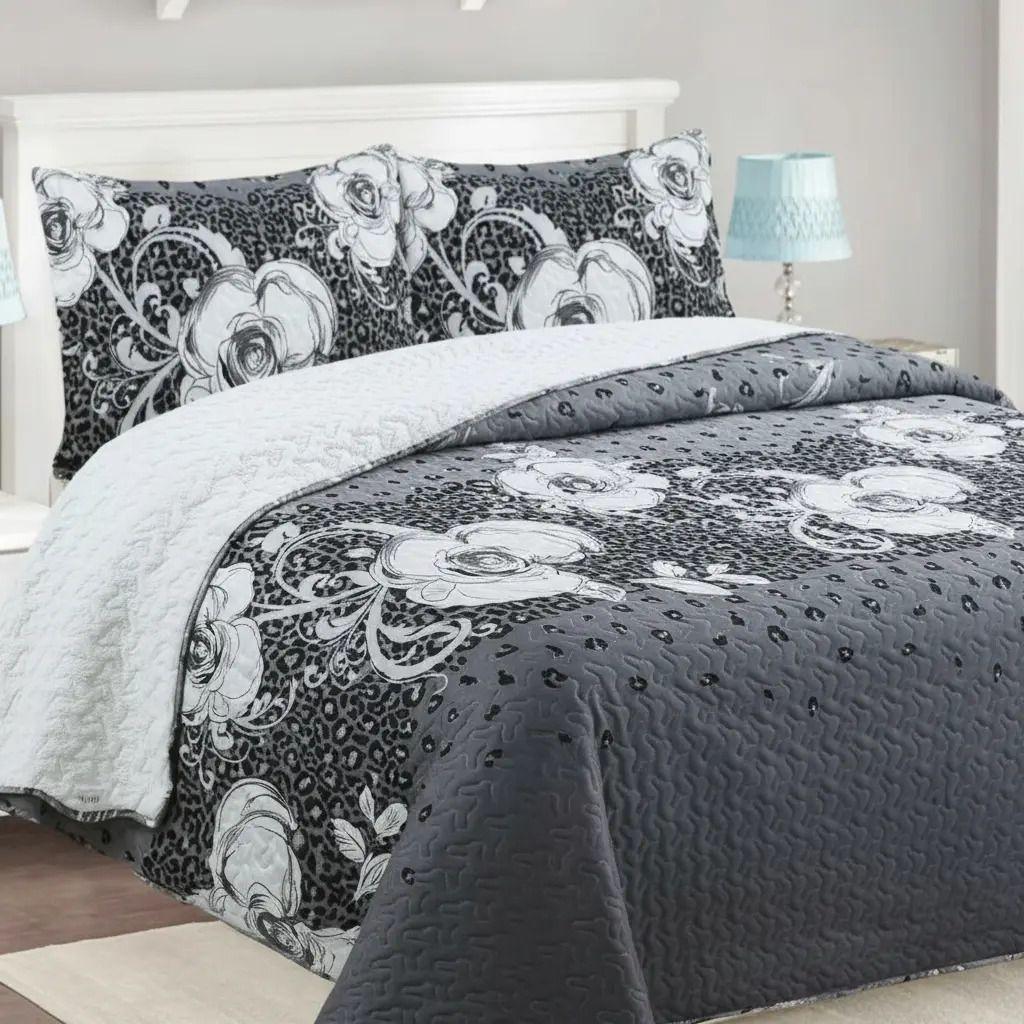 Cubrecama Quilt Sherpa 2pl - Varios Modelos W.m G Floral En Tonos Gris Blanco Diseño Floral Elegante Gris Blanco-2