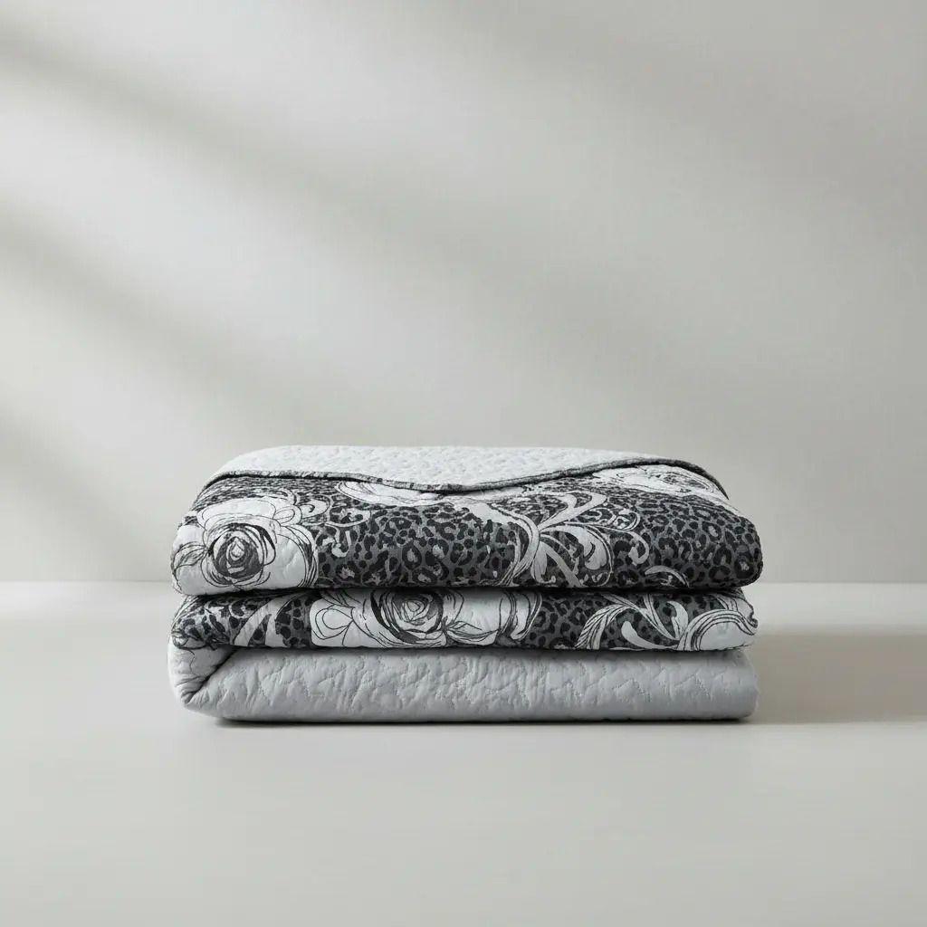 Cubrecama Quilt Sherpa 2pl - Varios Modelos W.m G Floral En Tonos Gris Blanco Diseño Floral Elegante Gris Blanco-3