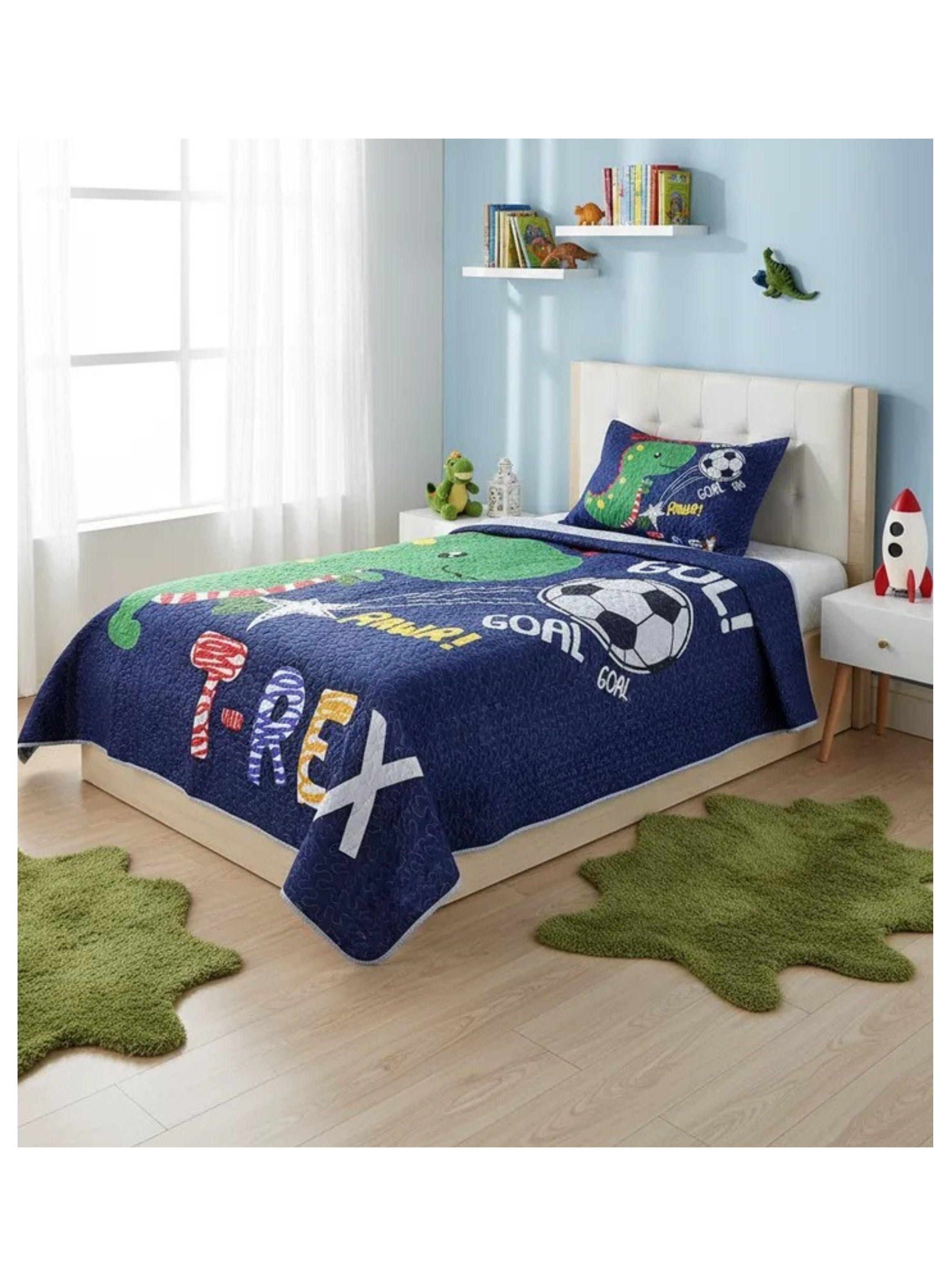 CUBRECAMA DE NIÑO AZUL DINO SOCCER T-REX ALGODON QUILT VERANO 1.5 PLAZA DN-0