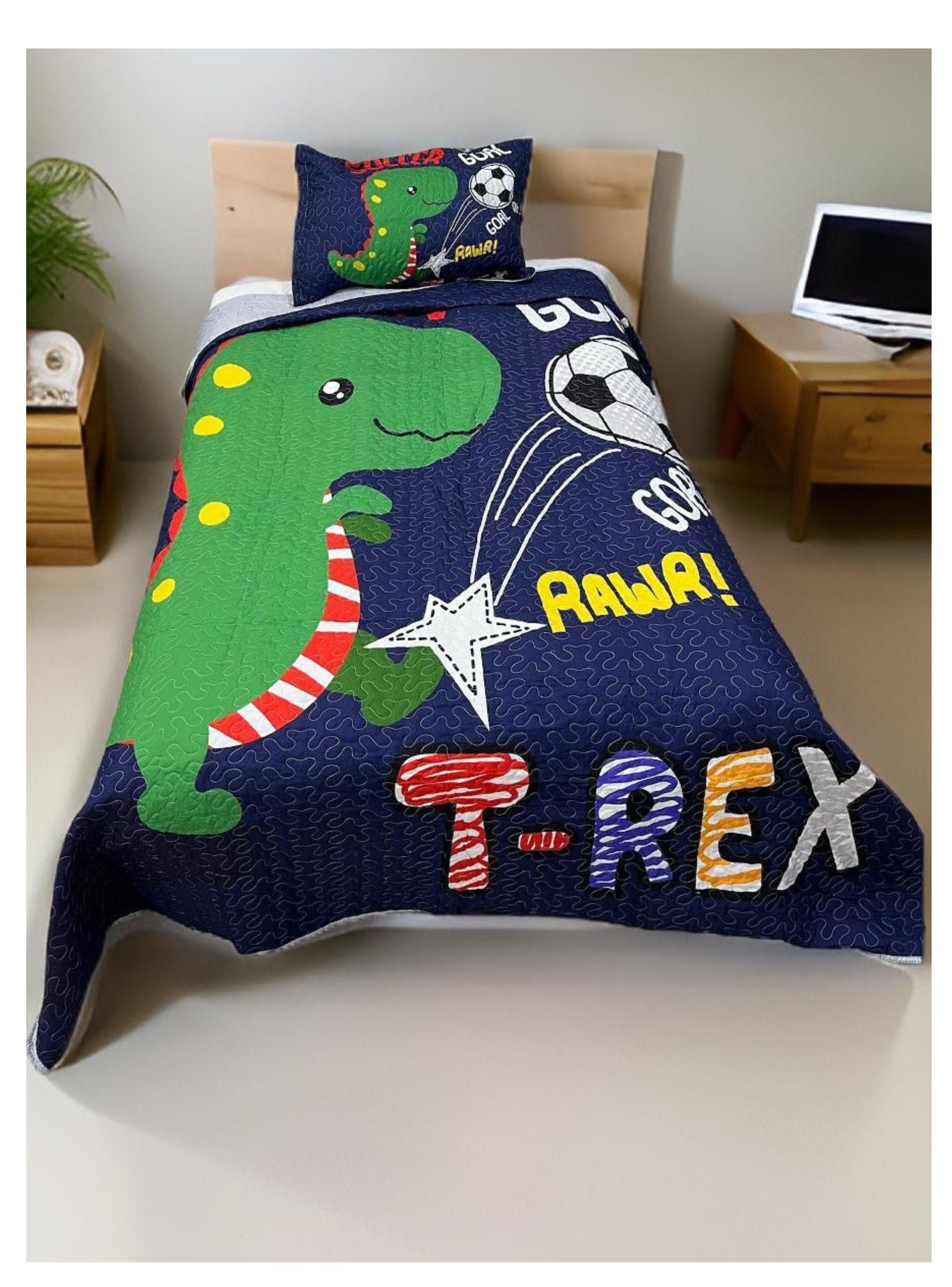 CUBRECAMA DE NIÑO AZUL DINO SOCCER T-REX ALGODON QUILT VERANO 1.5 PLAZA DN-1